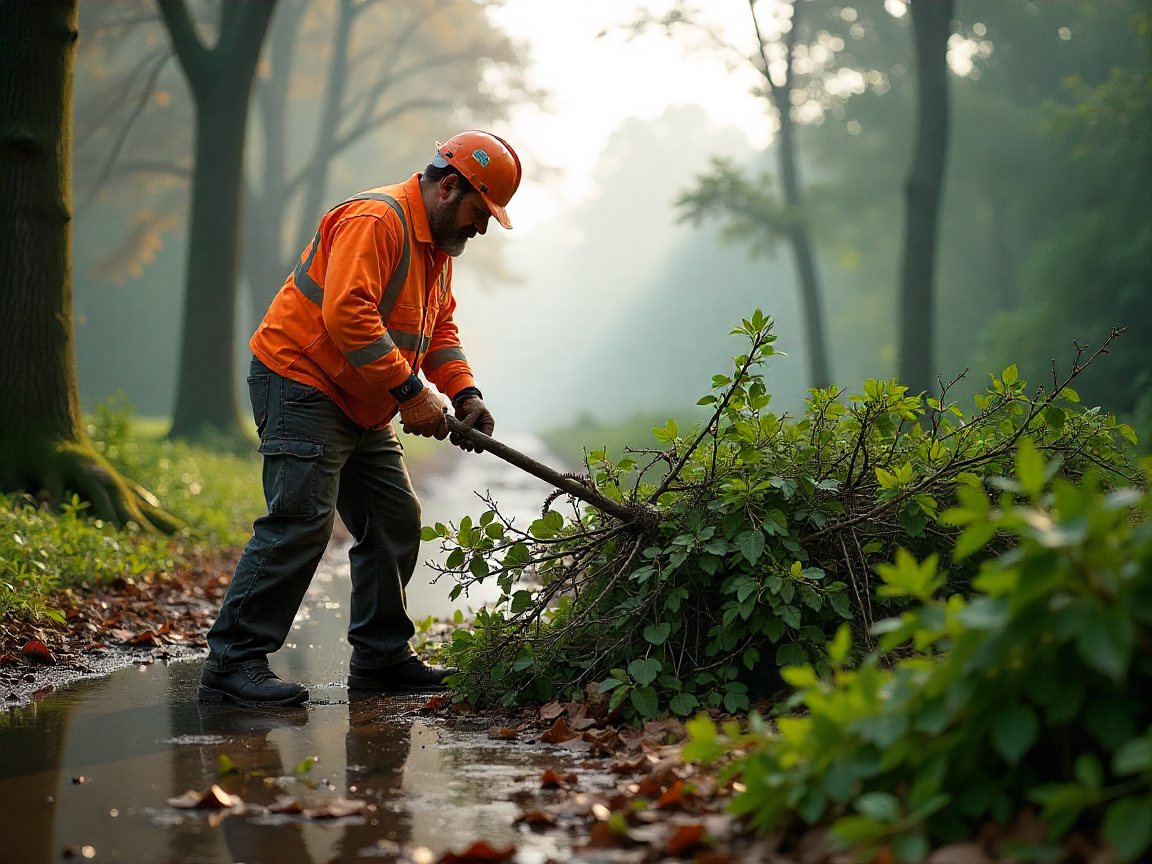Professional storm debris cleanup crew removing fallen branches